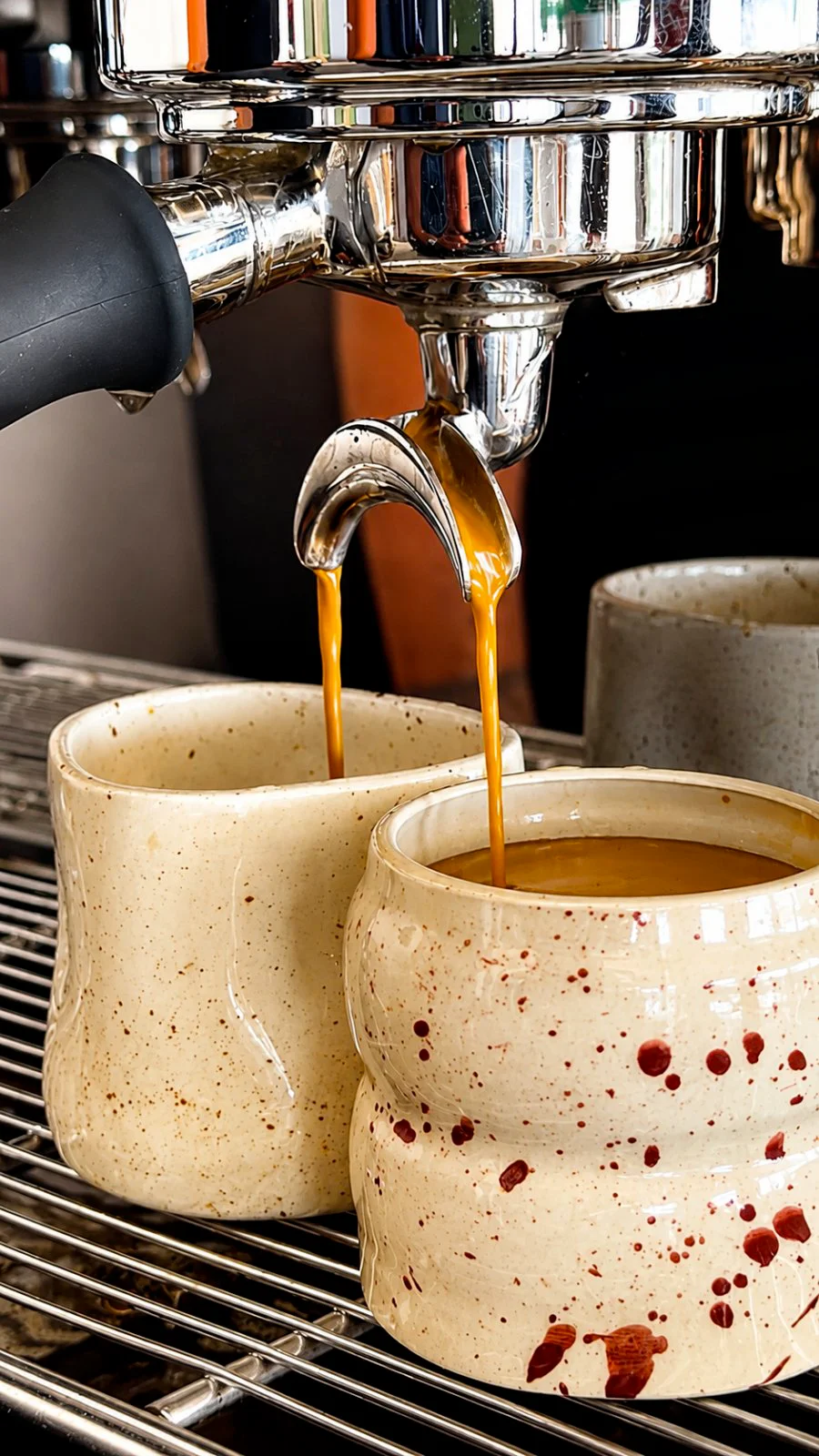 Extraction d'un espresso de spécialité au Canevas, double tasse en céramique mouchetée