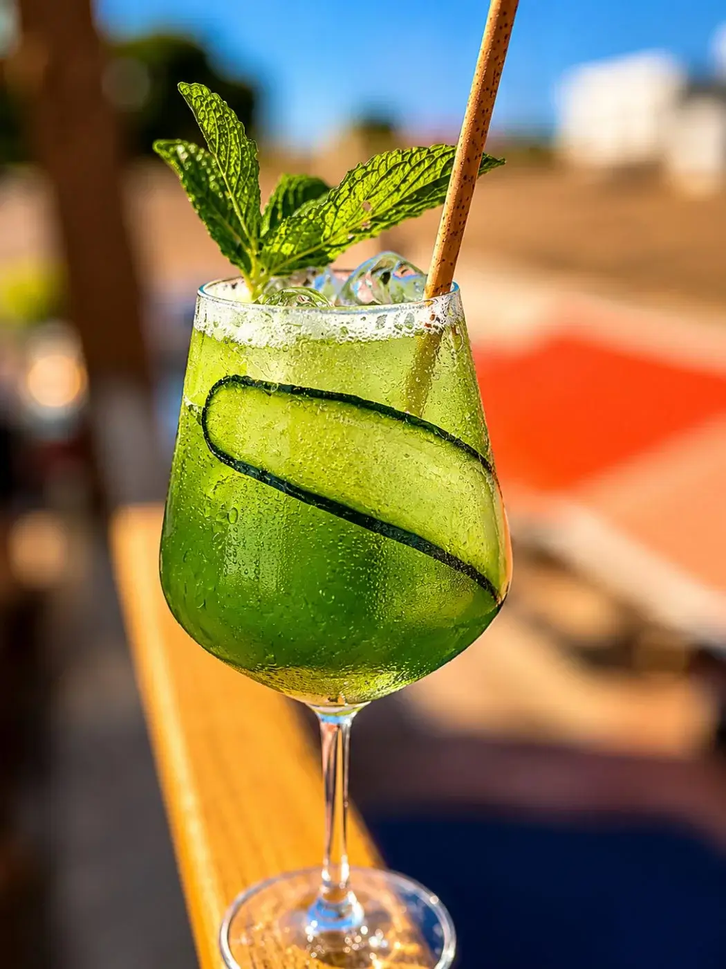 Cocktail maison du Canevas — concombre, menthe fraîche et glace, sur la terrasse